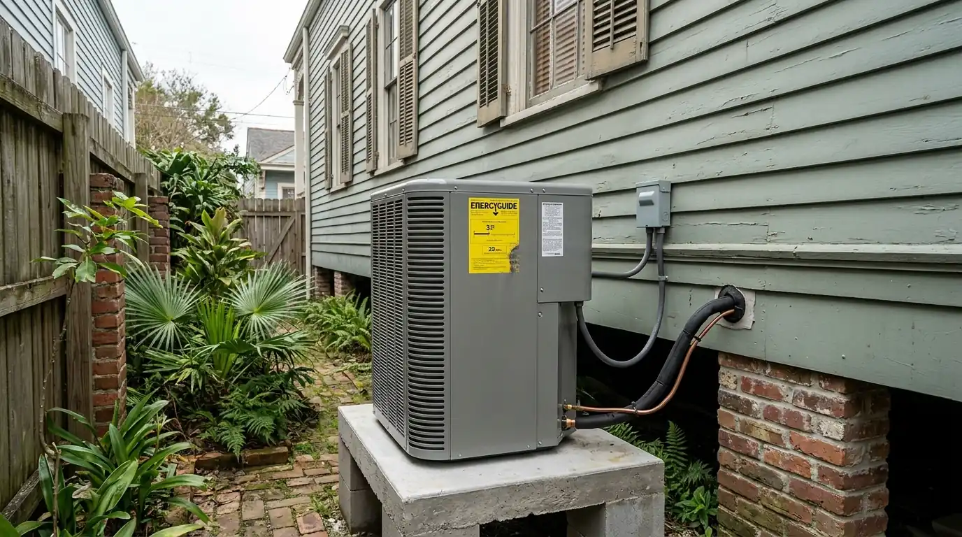 Efficiency rating label on a new heat pump outdoor unit
