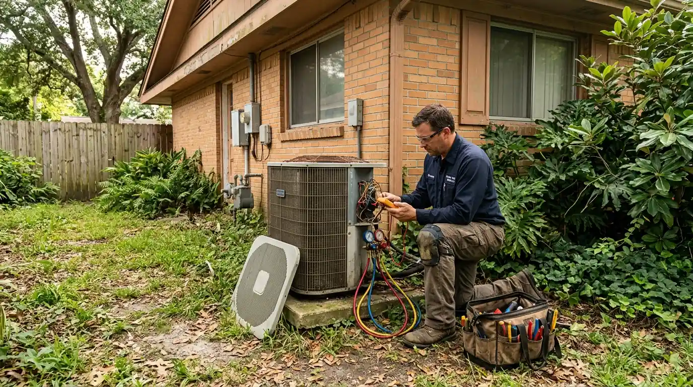 Technician checking an outdoor AC unit beside a Metairie ranch home