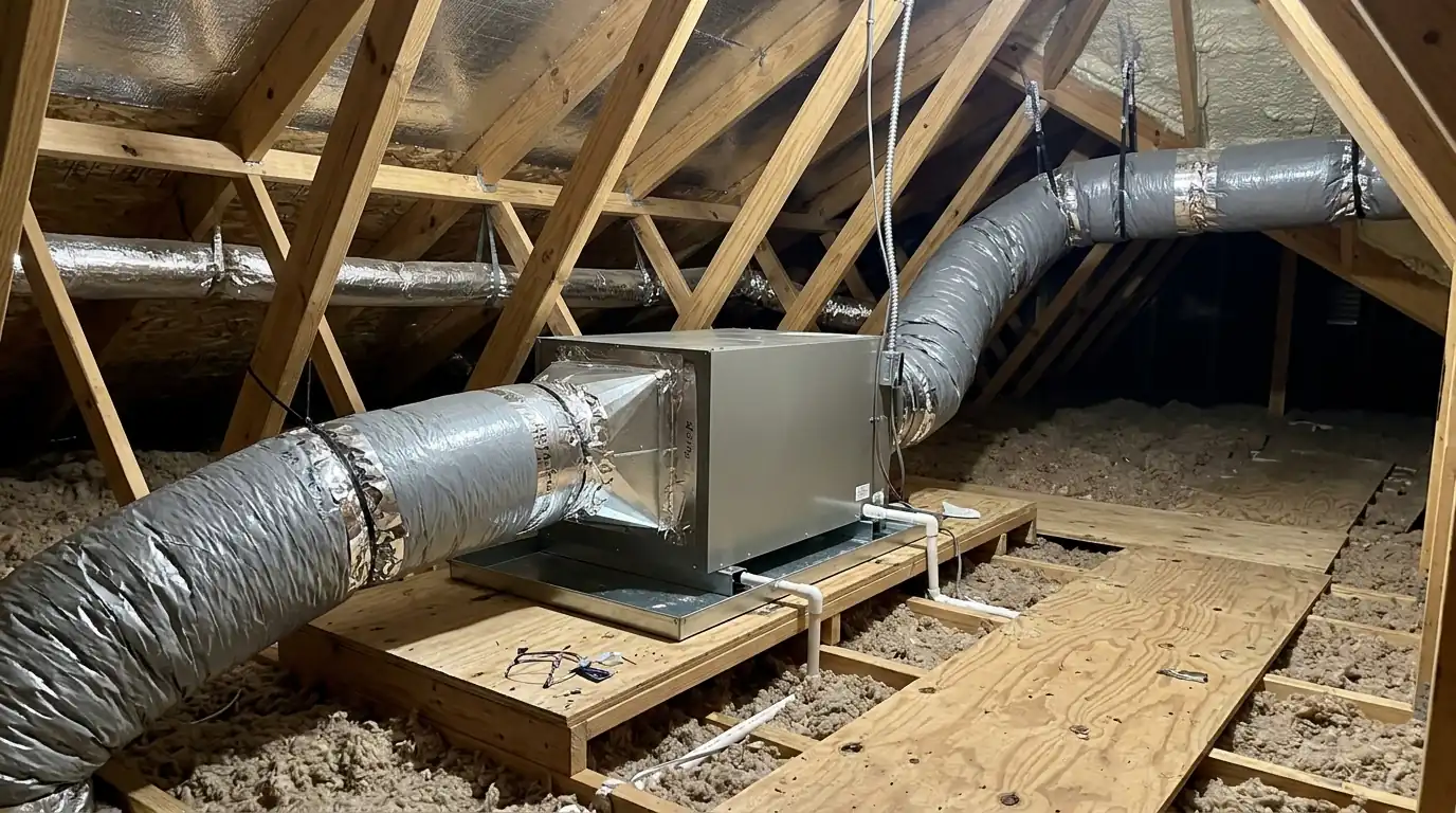 Whole-house dehumidifier installed in a Lakeview attic