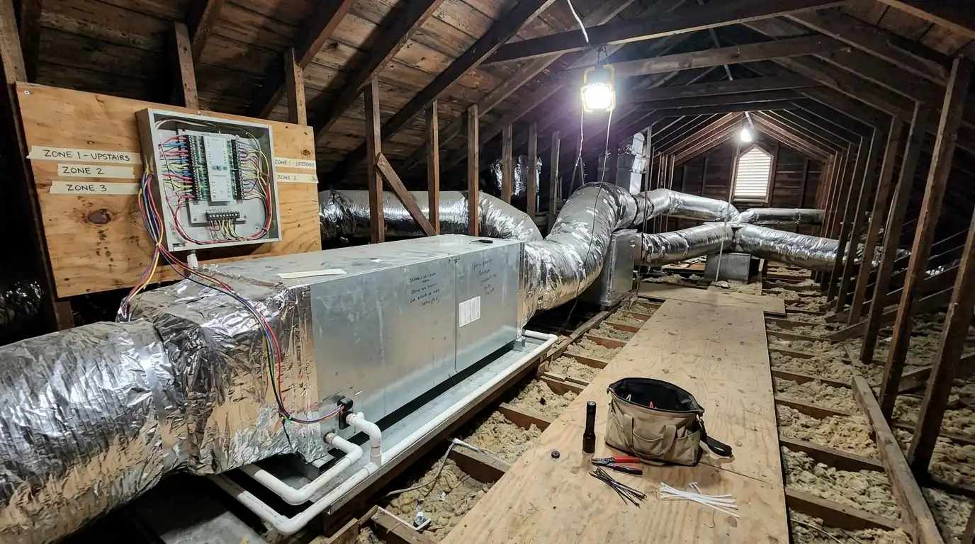 Zoning control panel beside a labeled air handler in an attic