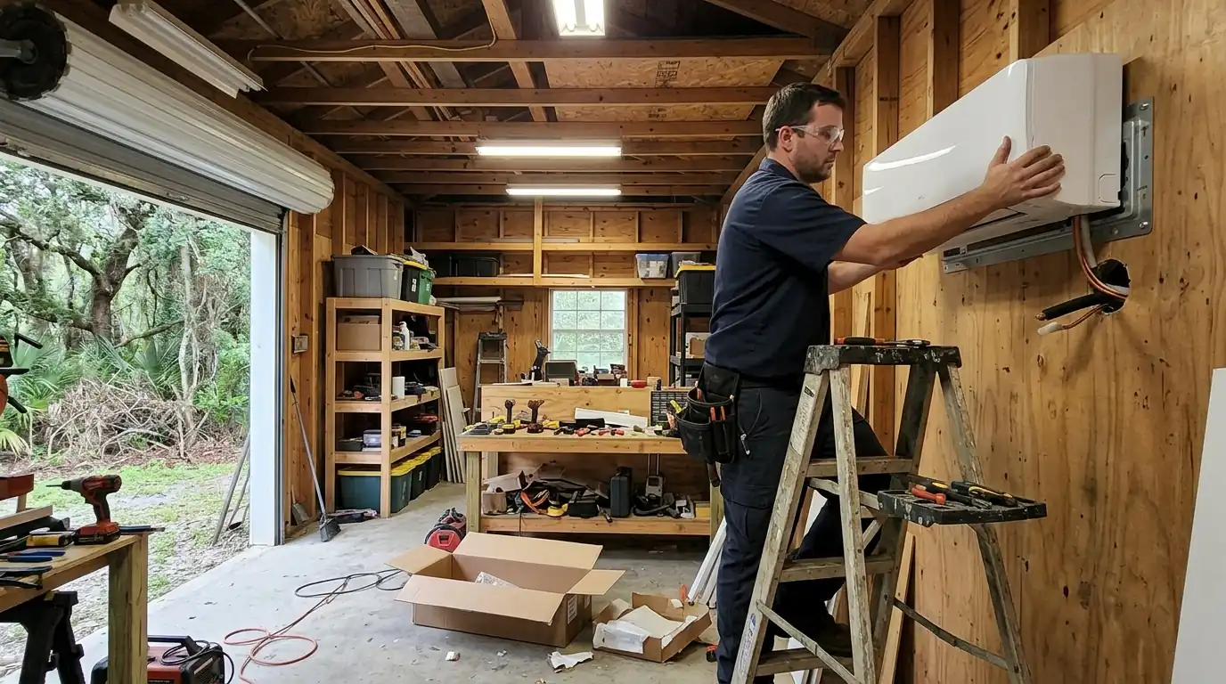 Ductless mini-split being installed in a Belle Chasse workshop