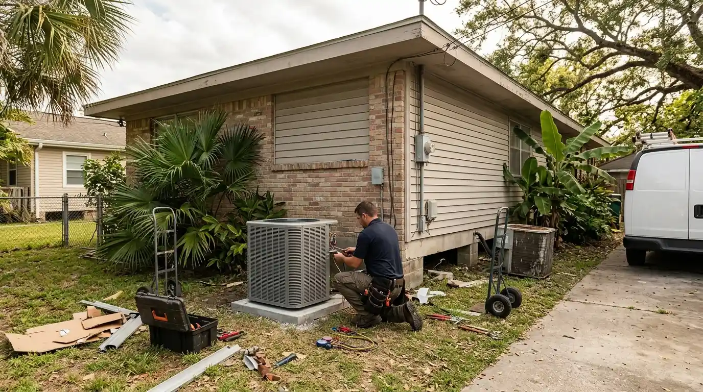 AC unit being replaced beside a Gentilly ranch home