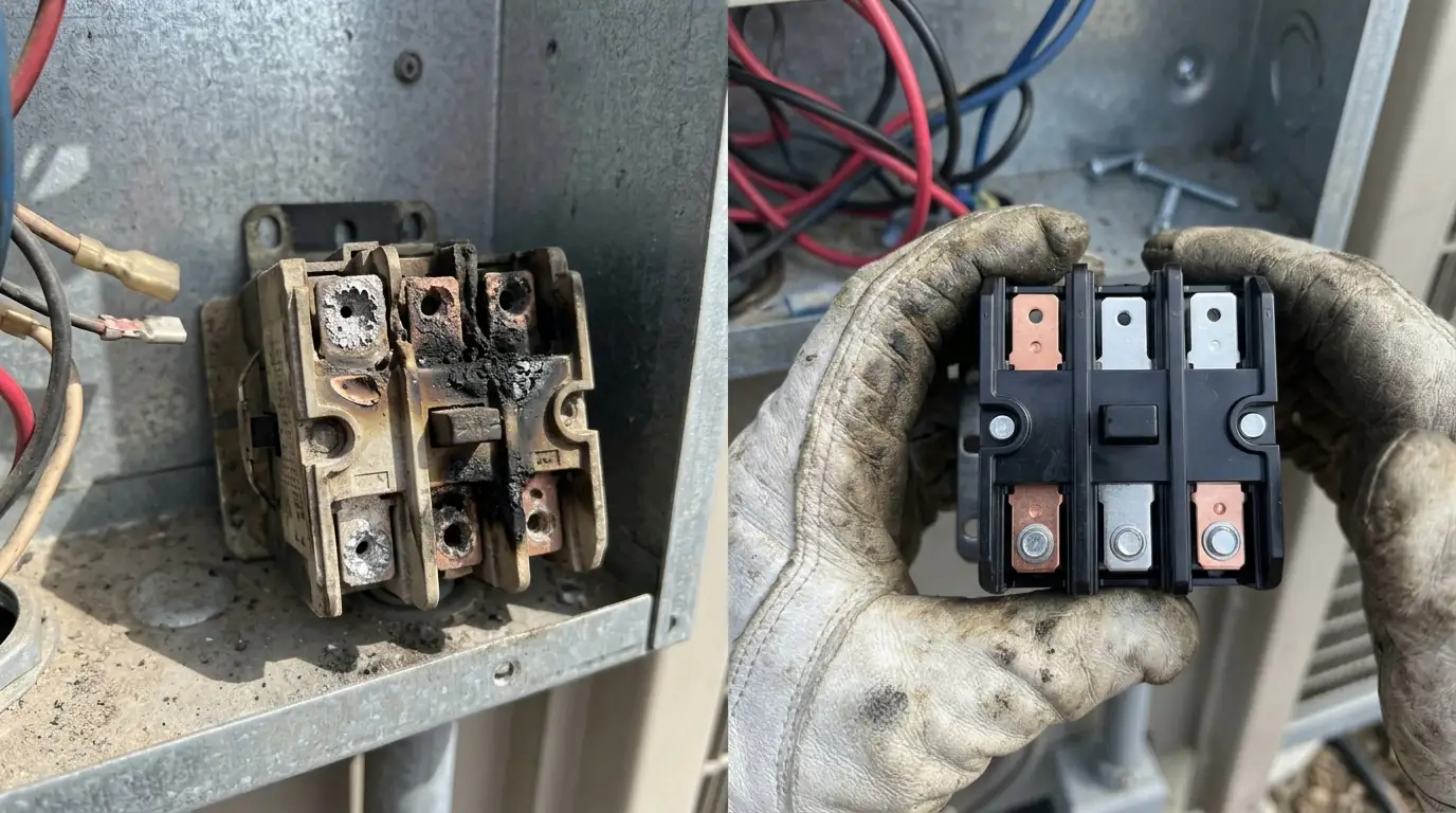 Worn AC contactor next to a new replacement contactor