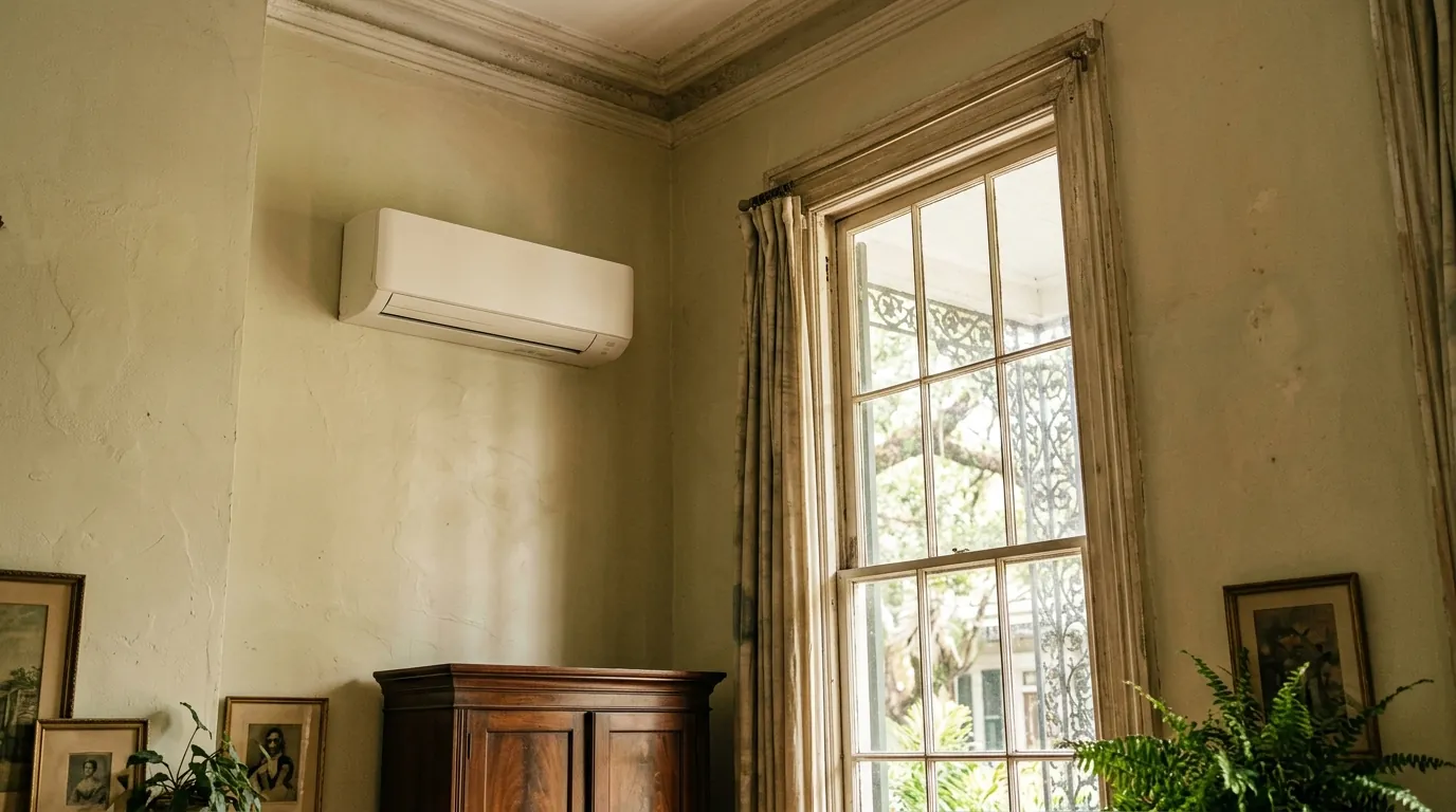 Ductless head mounted high on a plaster wall in an older home