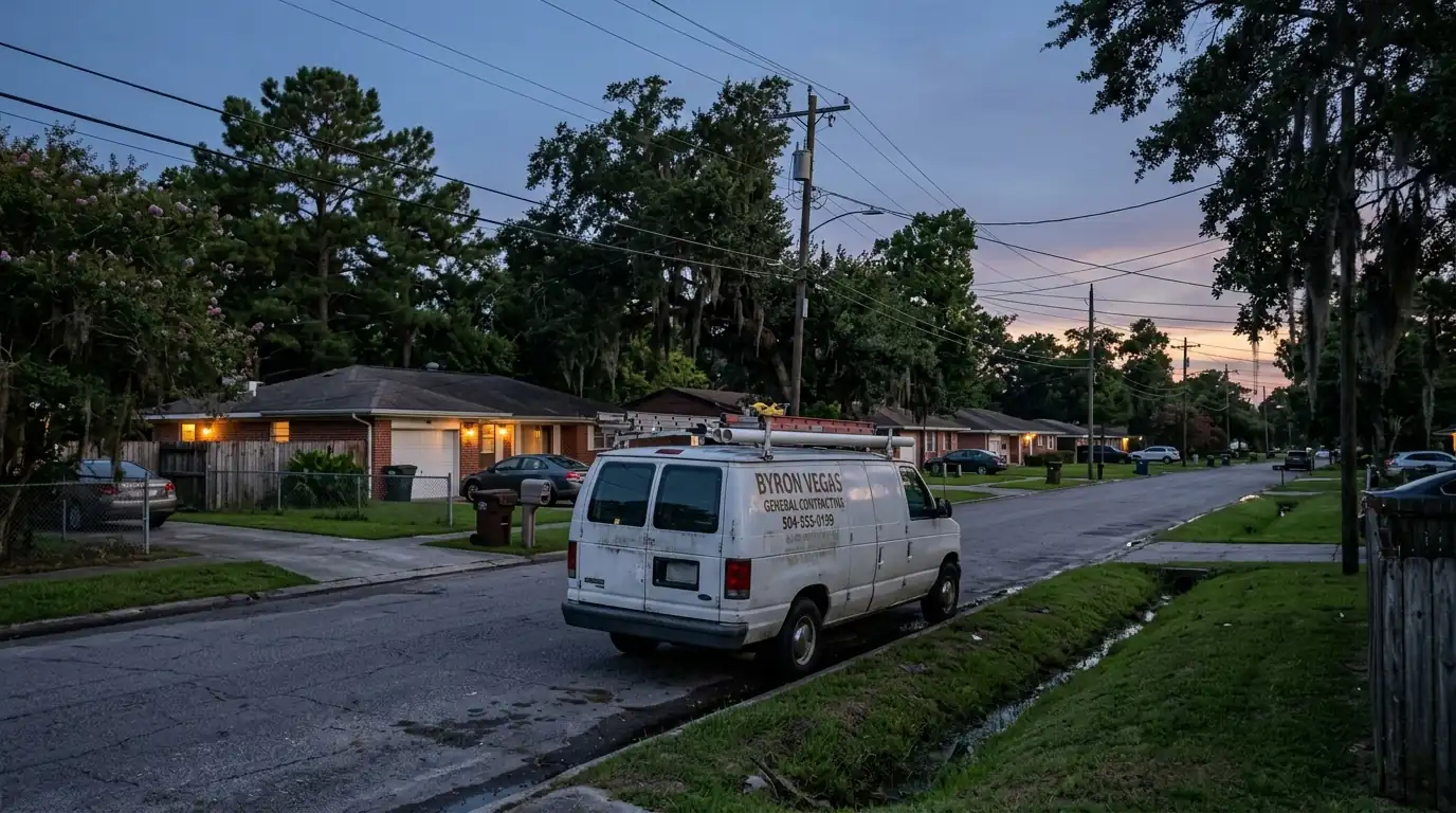 Service van on a residential street in far eastern New Orleans East at dusk