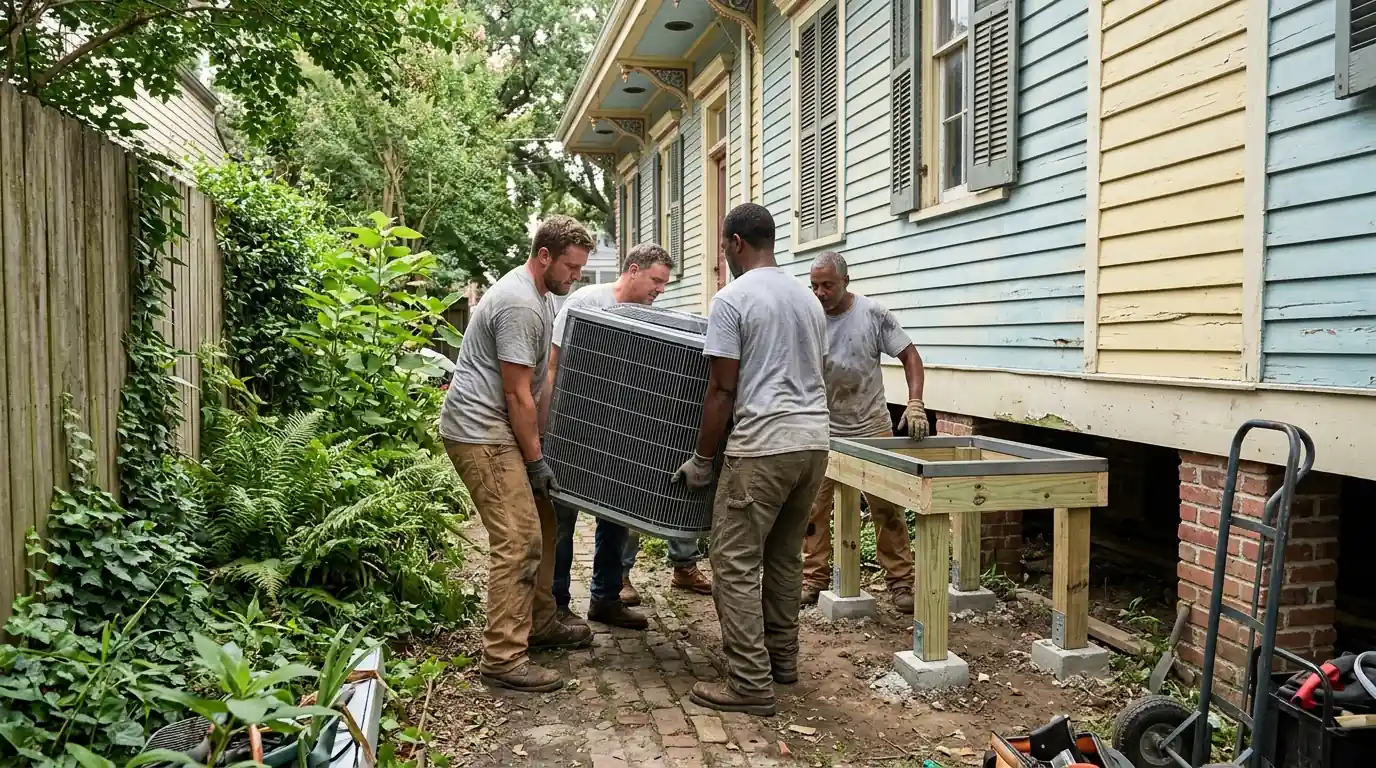 New AC condenser being set beside a New Orleans shotgun house