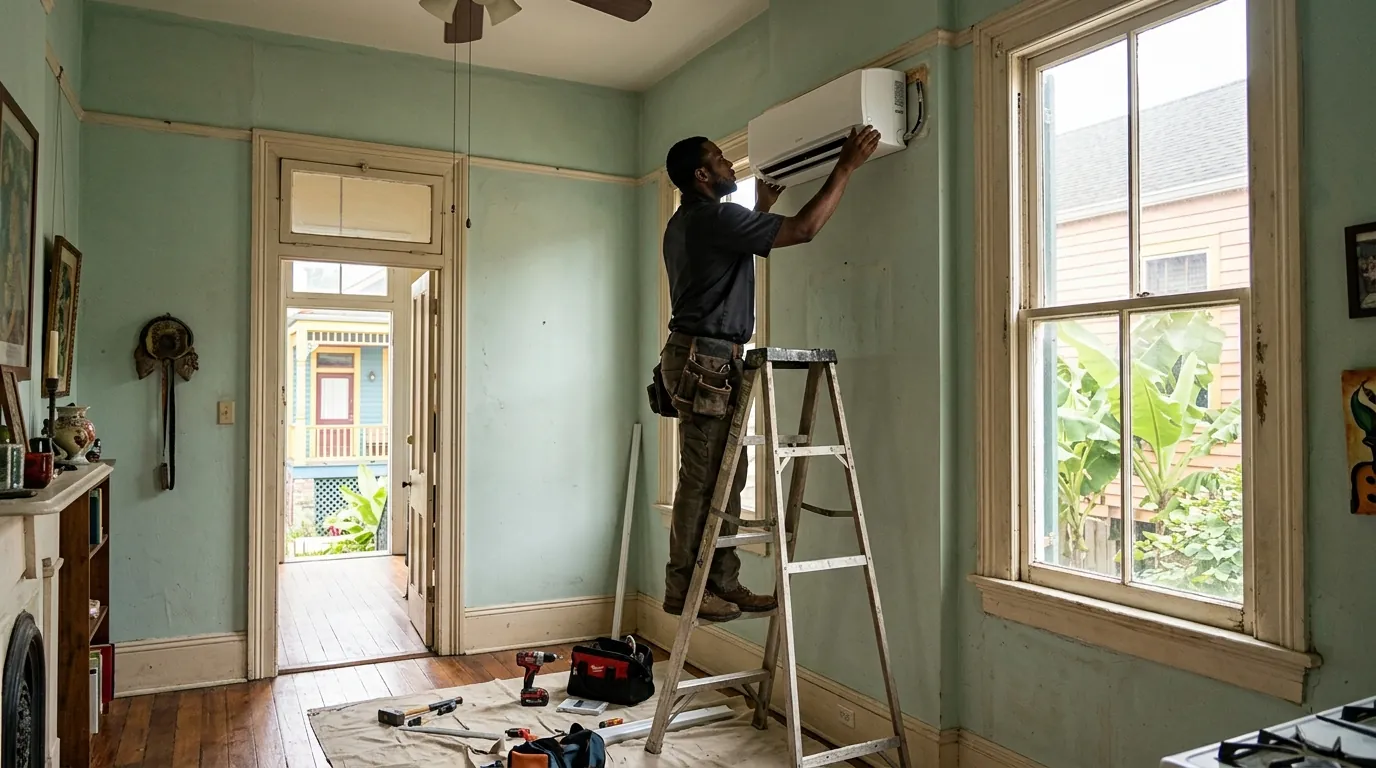 Ductless head being mounted in a Bywater shotgun house