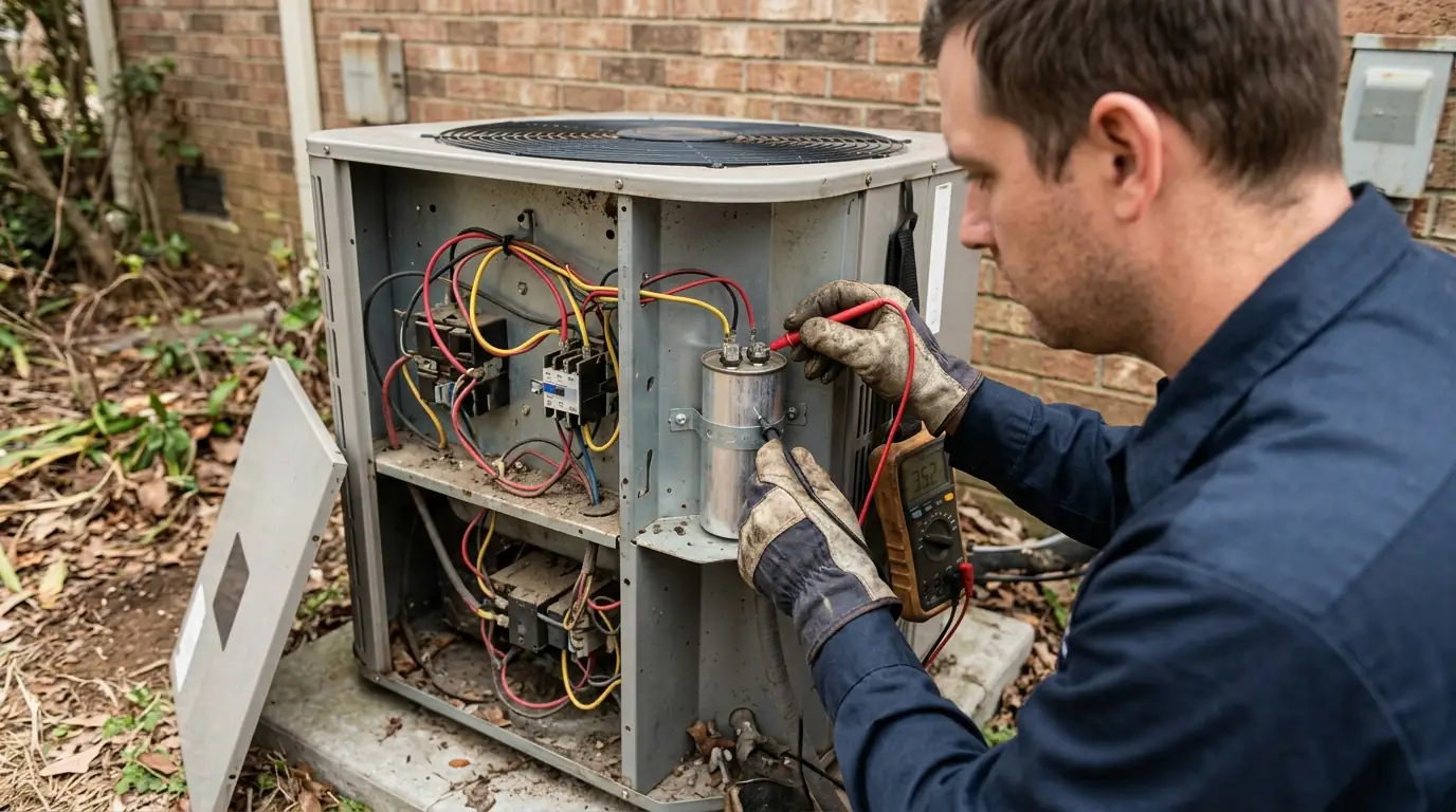 Technician testing an AC capacitor with a multimeter