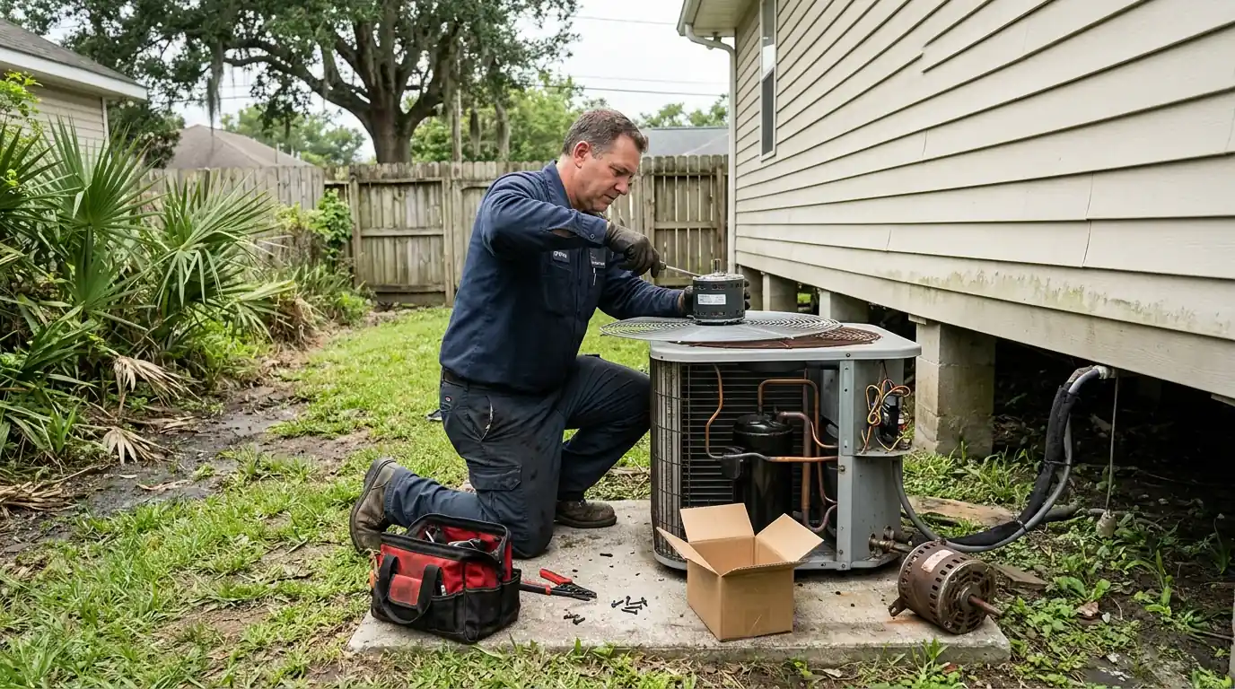 Technician replacing a condenser fan motor in Westwego