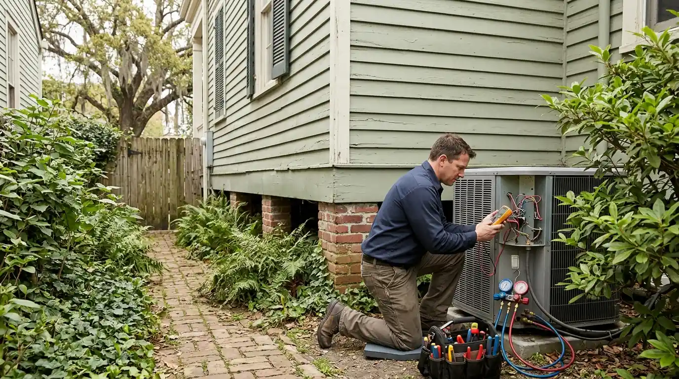 Spring AC tune-up beside a New Orleans home