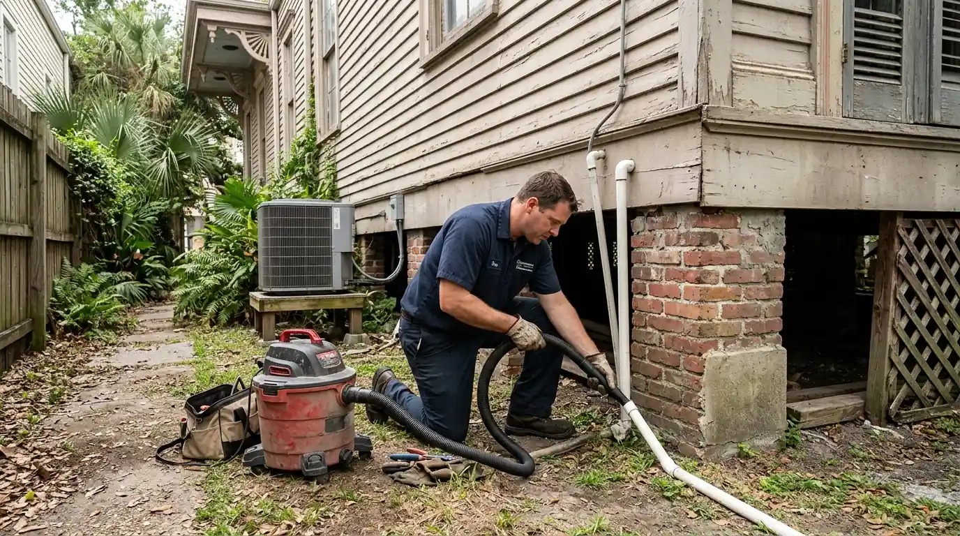 Technician clearing an AC condensate drain line outside a raised New Orleans house