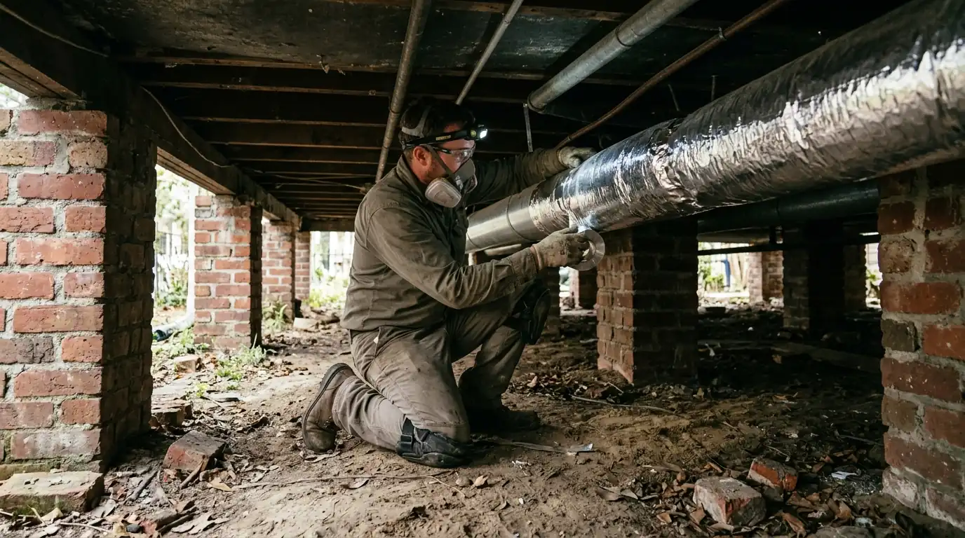 Technician wrapping an under-floor duct beneath a raised house