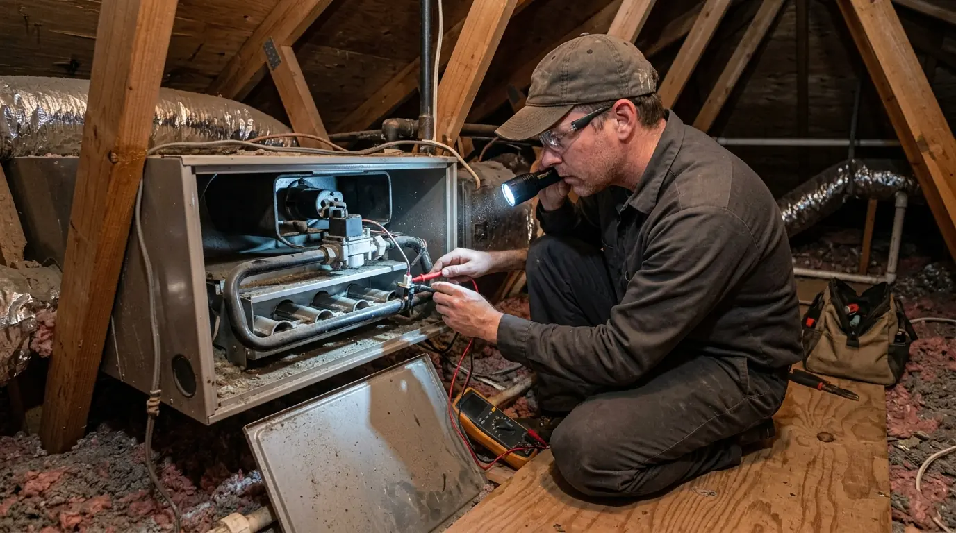 Technician testing a furnace igniter in a New Orleans attic