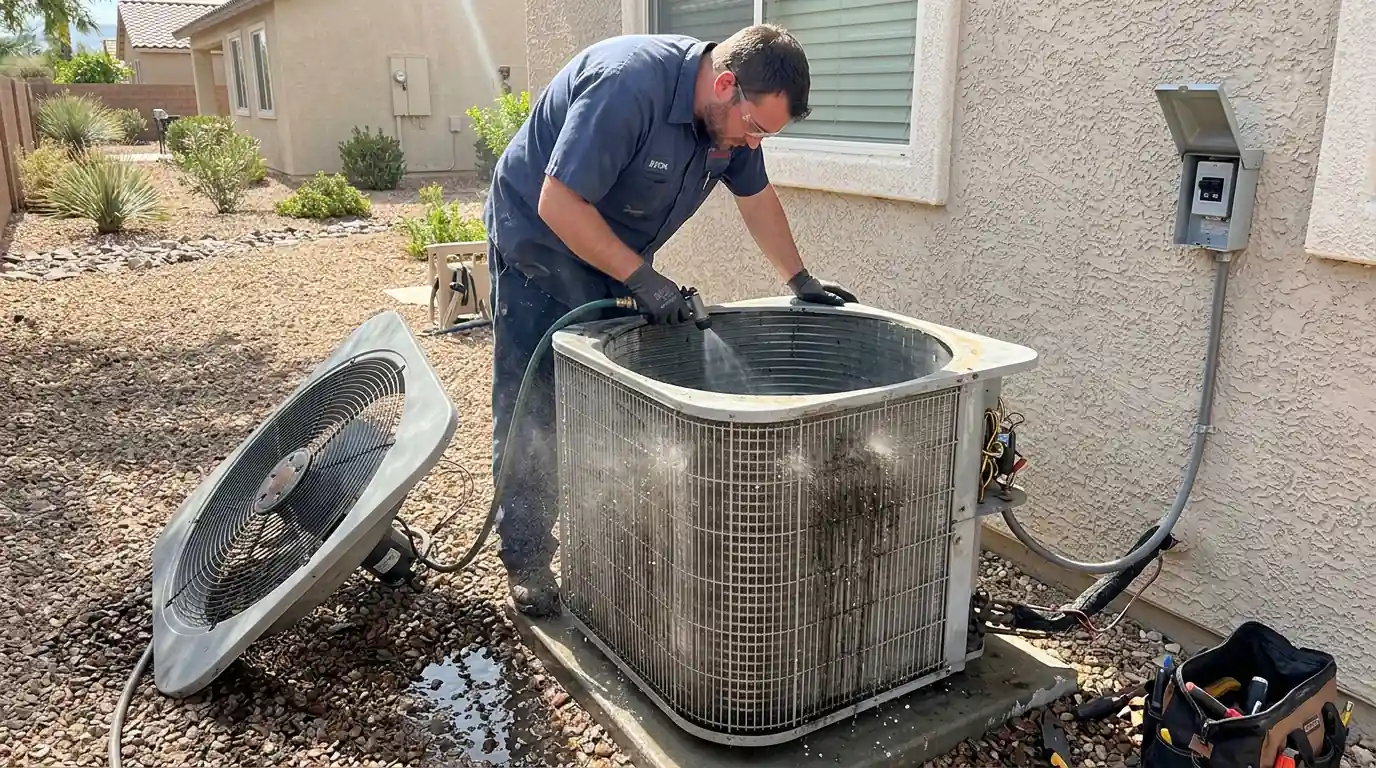 Technician cleaning an outdoor condenser coil from the inside out