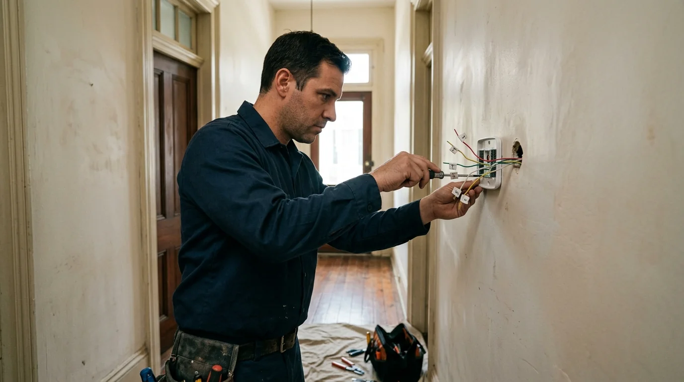 Smart thermostat being mounted on a plaster wall in a New Orleans home