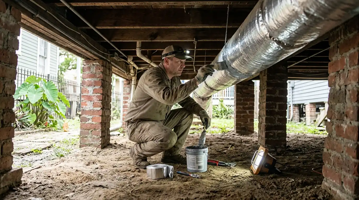 Technician sealing ductwork under a raised Mid-City house