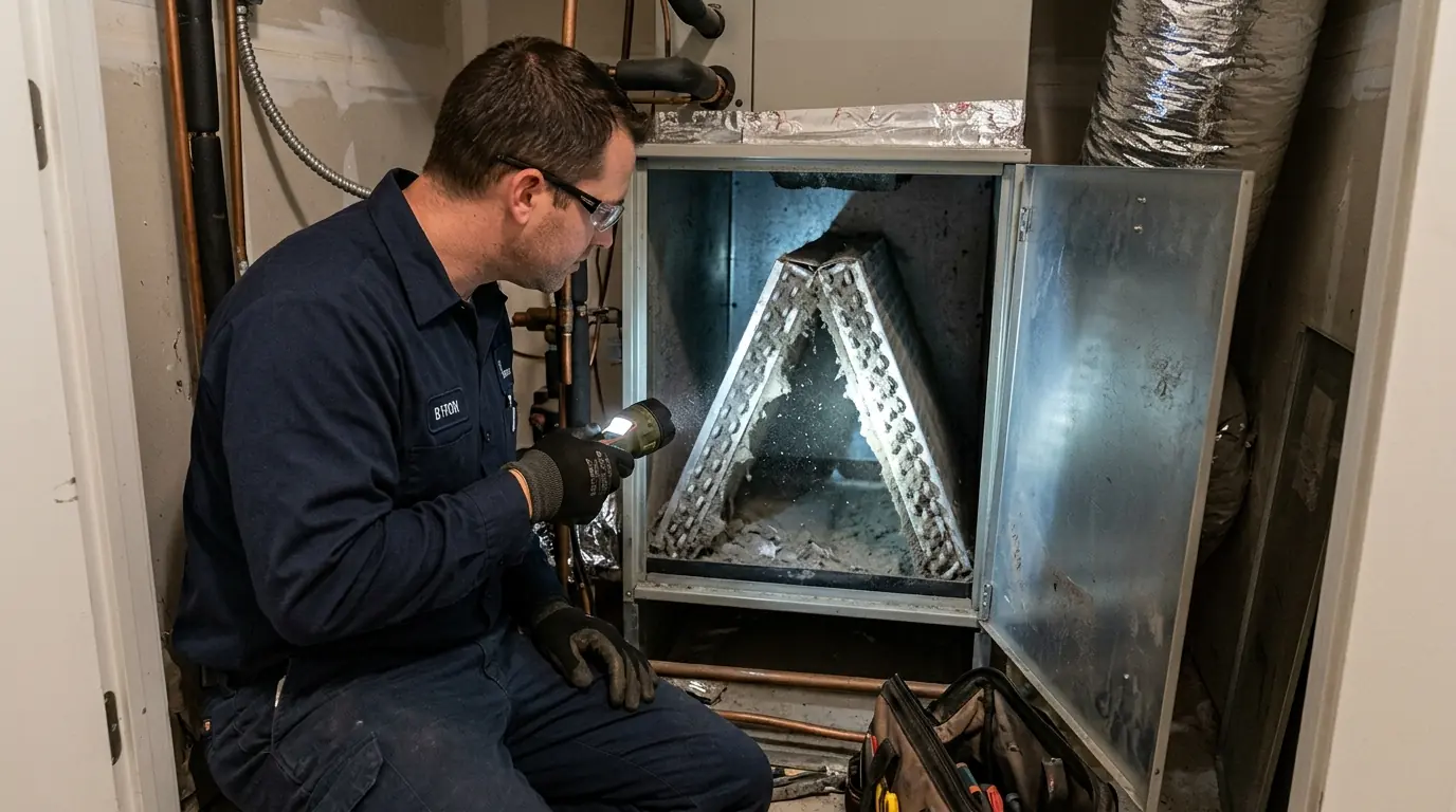 Technician inspecting a dusty evaporator coil inside an air handler