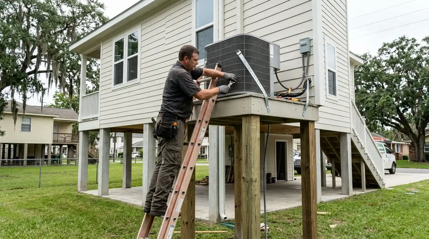 Technician strapping an outdoor AC unit on a raised stand in Chalmette