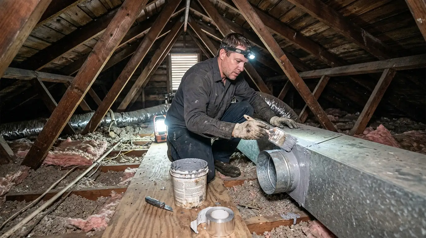 Technician sealing a duct joint with mastic in a New Orleans attic