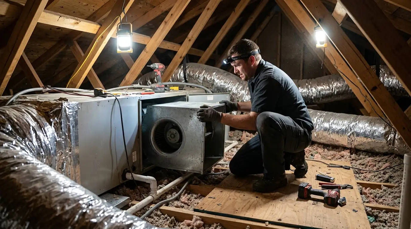 Technician removing a blower assembly from an attic air handler