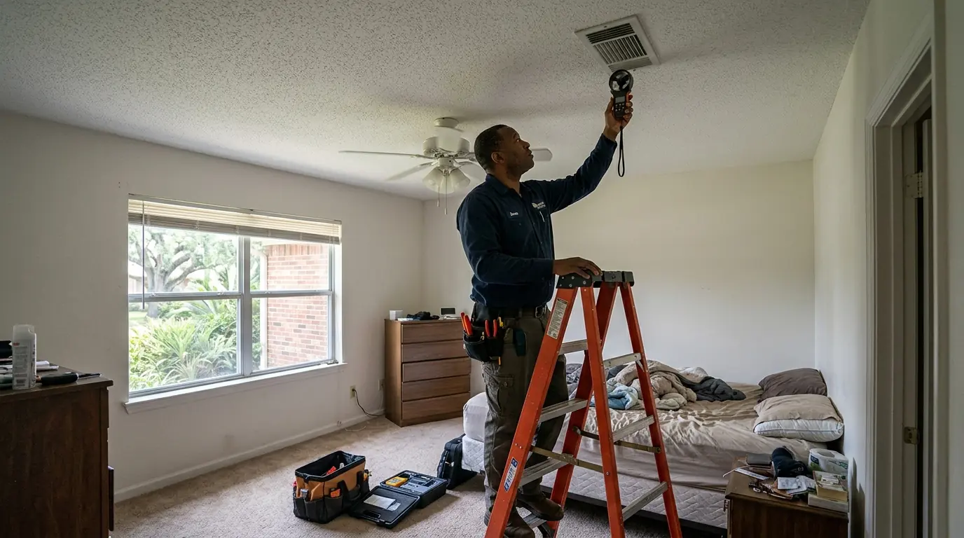 Technician measuring airflow at a bedroom ceiling register