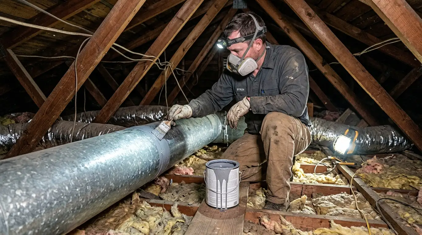 Technician sealing duct joints in a Marrero attic