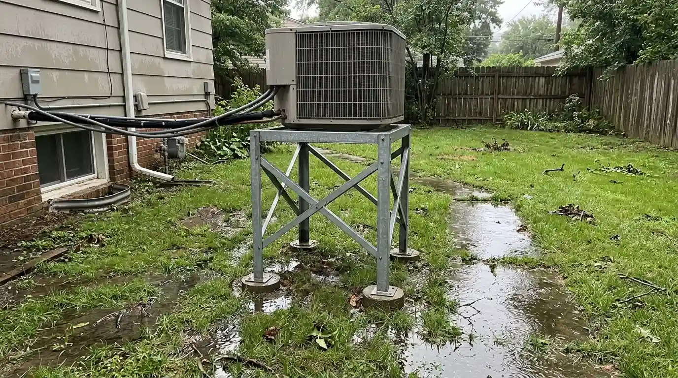 Raised AC condenser above standing rainwater in a backyard