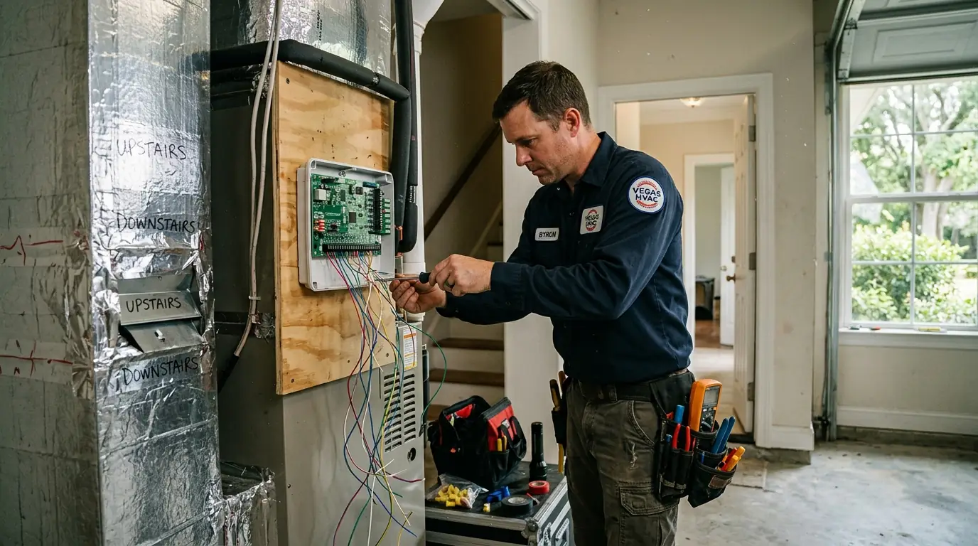Technician setting up HVAC zoning in a Mandeville home