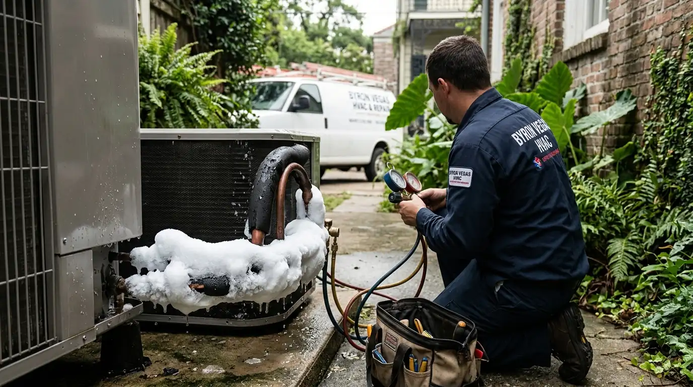 Ice on the copper suction line of an outdoor AC unit in New Orleans