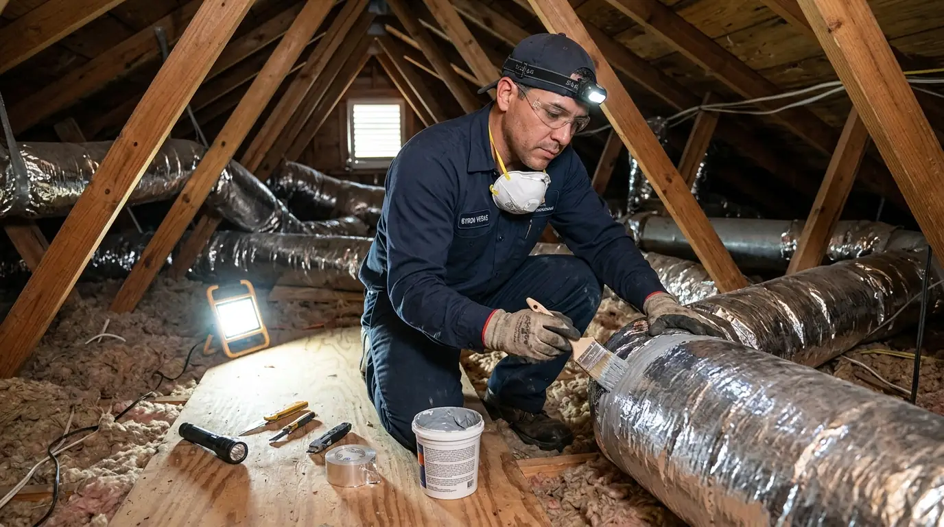 Technician sealing attic ductwork in a River Ridge home