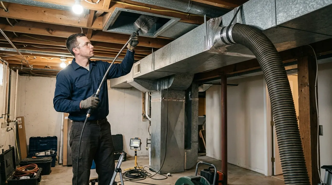 Technician cleaning a supply duct with a rotary brush