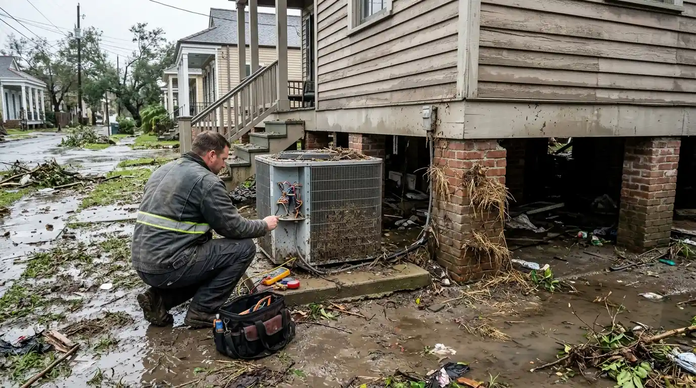 Outdoor AC unit with floodwater receding around it after a storm