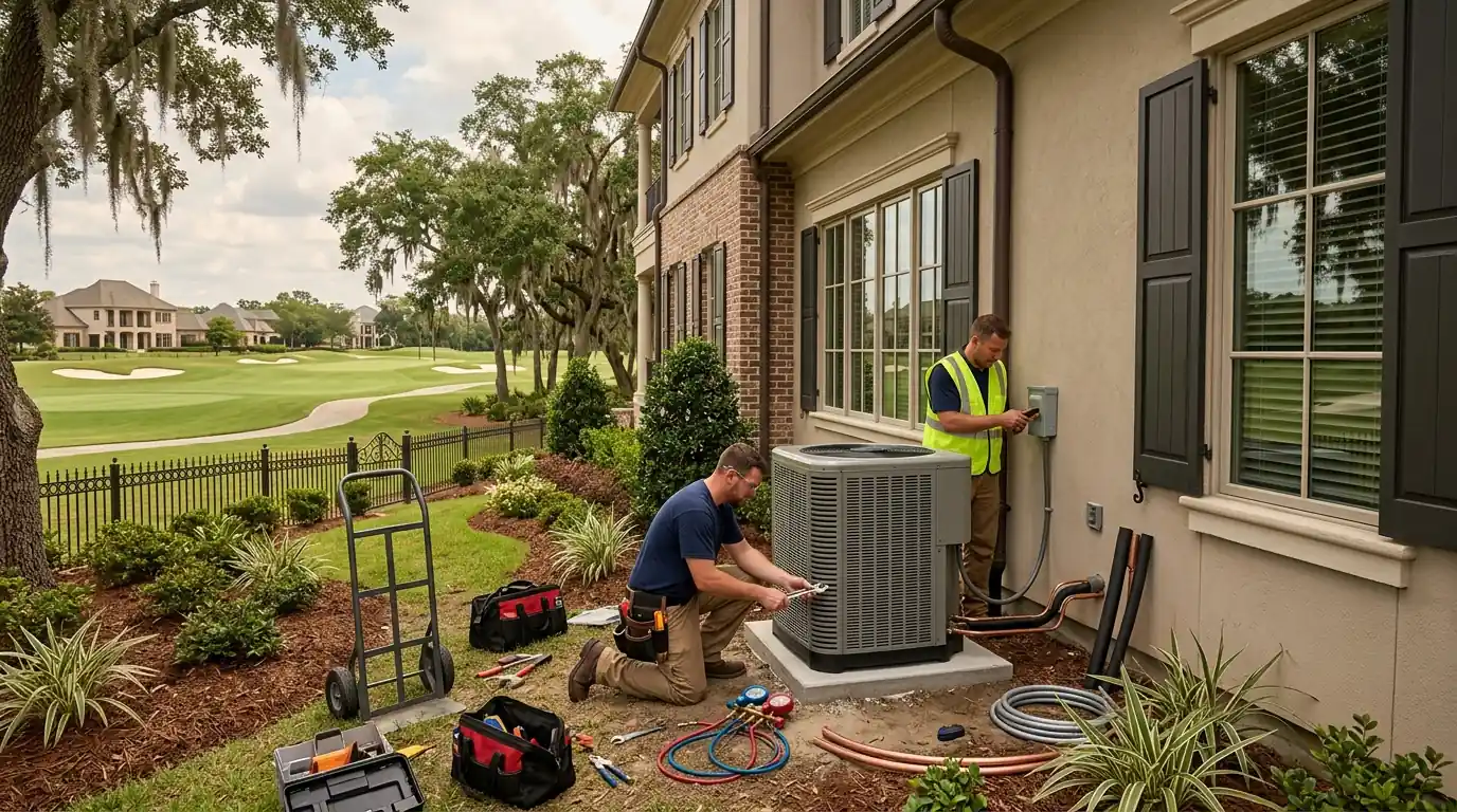 Technicians installing a new outdoor AC unit beside a large custom home in English Turn