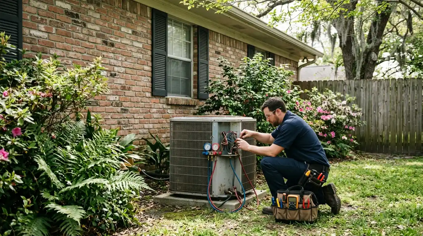 Technician doing a tune-up on an outdoor AC unit beside a brick home in Old Aurora