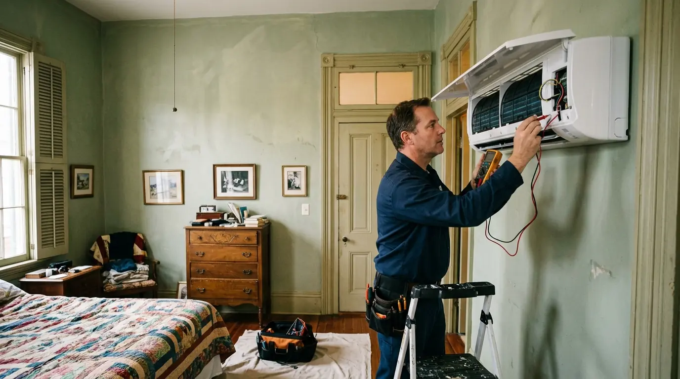 Technician testing a ductless mini-split indoor head