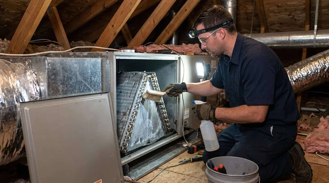 Technician cleaning an evaporator coil inside an attic air handler