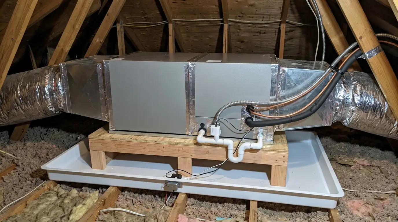 New attic air handler in a secondary drain pan with a float switch