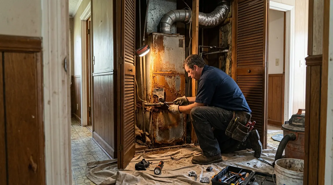 Technician replacing a closet air handler in a Terrytown home