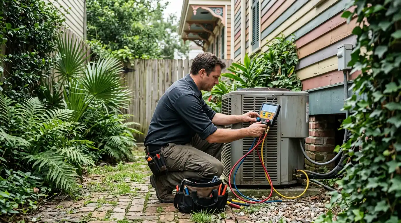 Technician checking AC refrigerant pressures at an outdoor unit in New Orleans