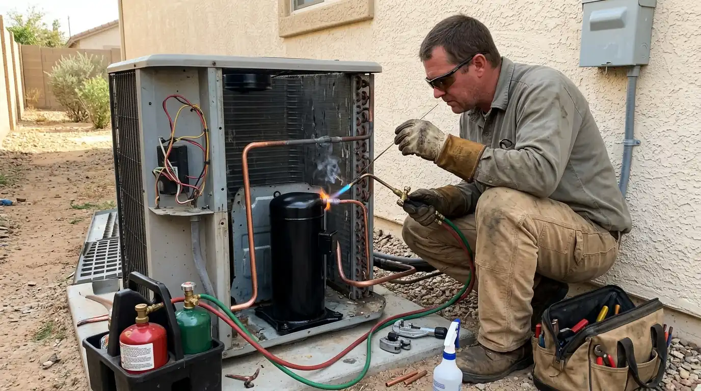 New scroll compressor being brazed into an outdoor AC unit