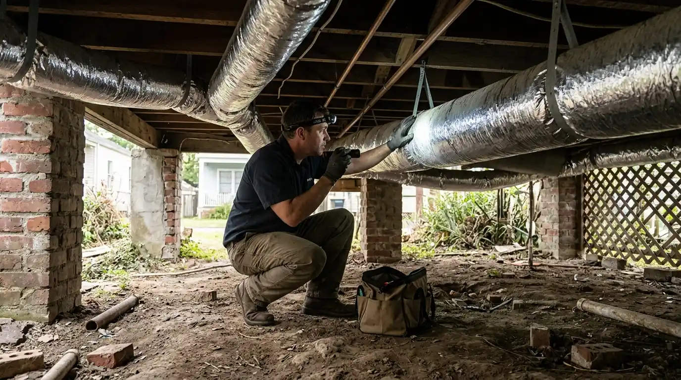 Technician inspecting ductwork under a raised bungalow in Gentilly Terrace
