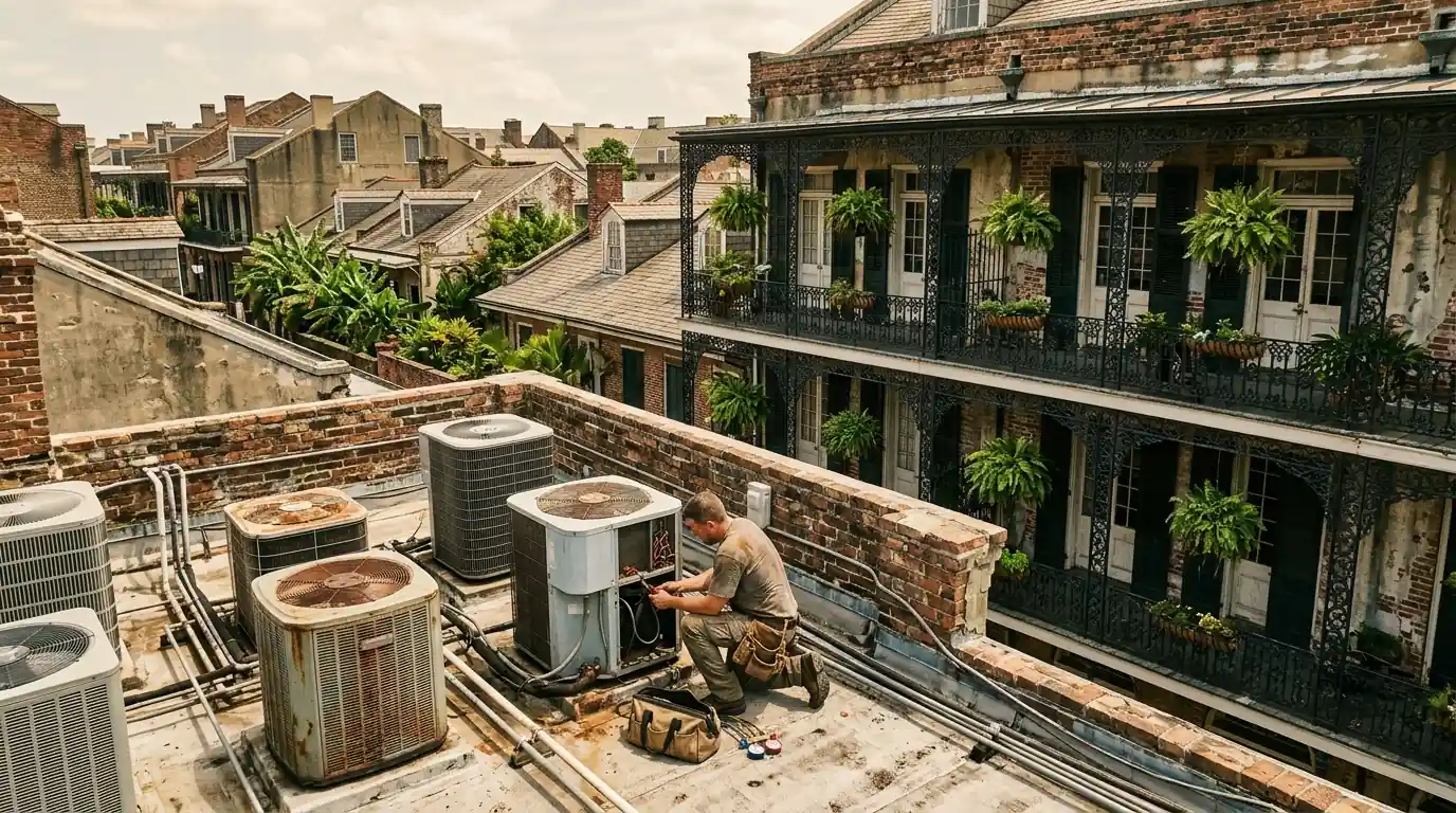 Rooftop condensers on a historic French Quarter building