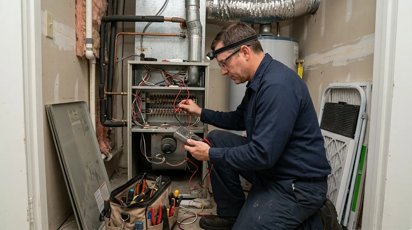 Technician testing heat strips in a Luling air handler