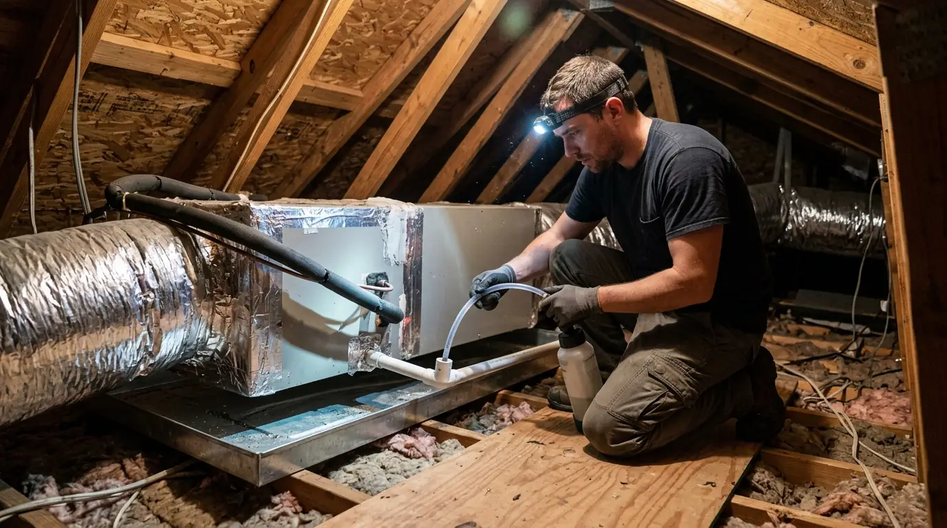 Technician flushing a condensate drain line at an air handler