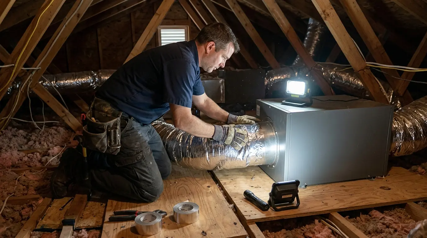 Whole-house dehumidifier being connected to ductwork in an attic
