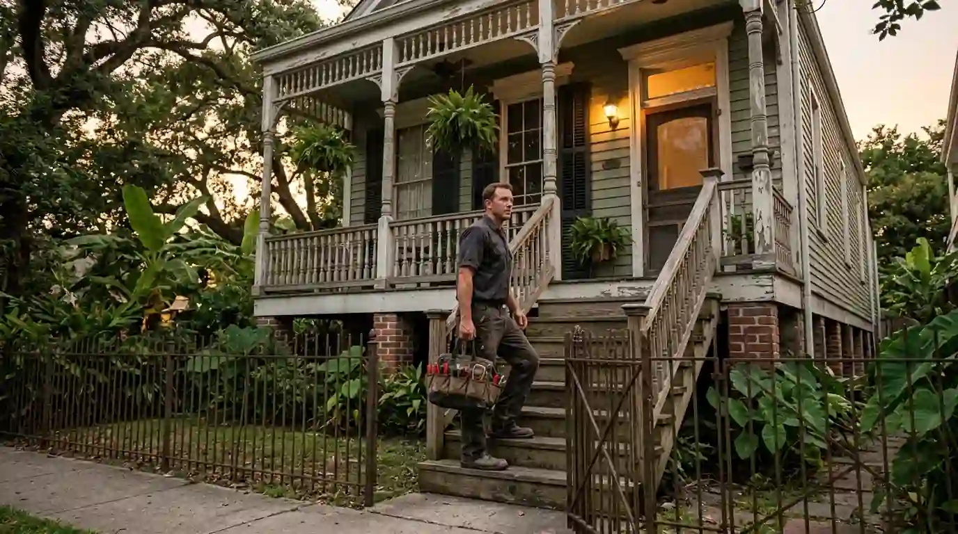 Technician walking up to a raised New Orleans home with a tool bag