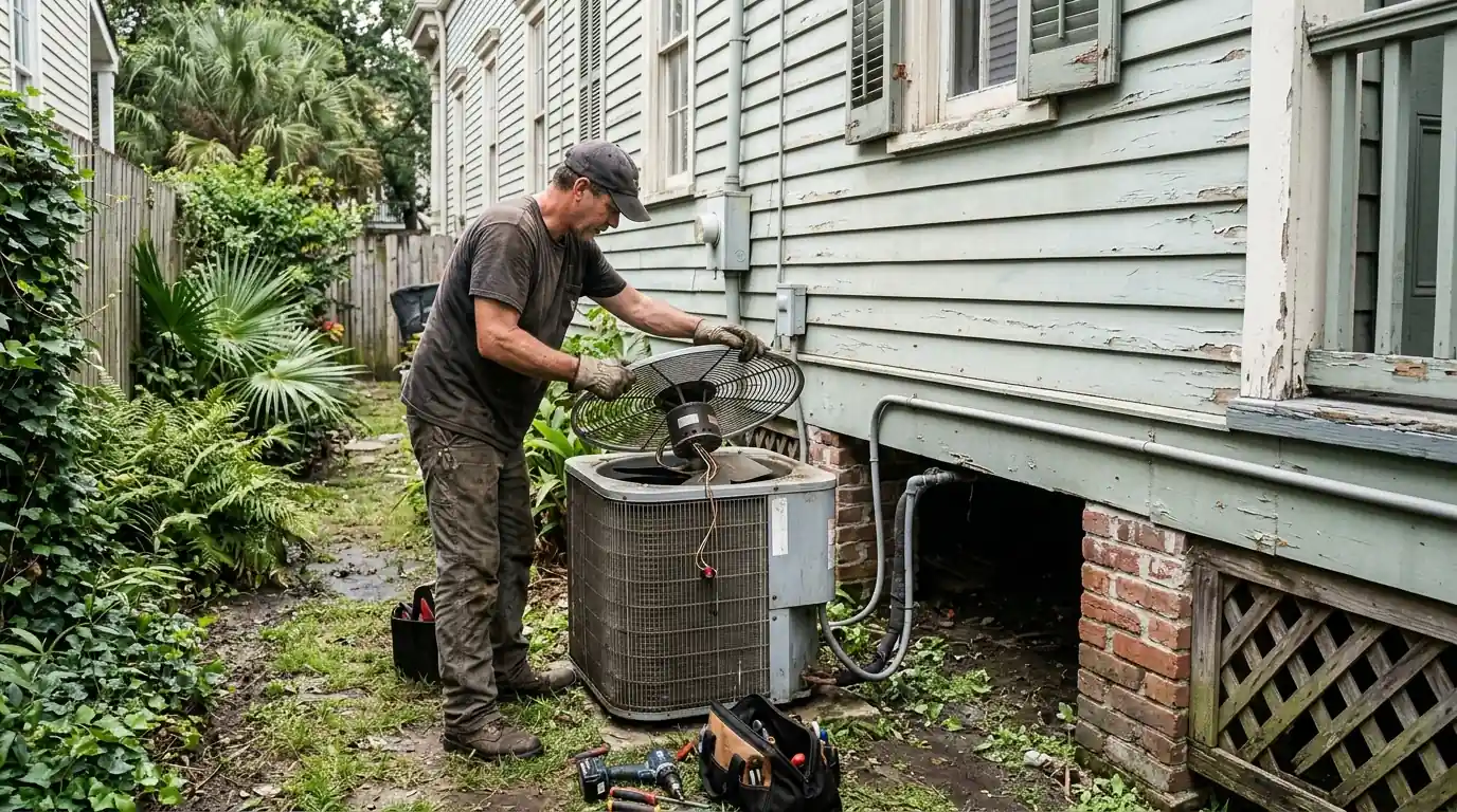 Technician lifting a condenser fan motor out of an outdoor AC unit in New Orleans